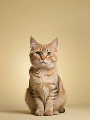 A cat sits against a plain background