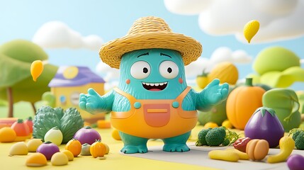 Fototapeta premium Happy Cartoon Monster Farmer with a Harvest of Fresh Vegetables.