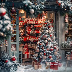 Naklejka premium christmas decoration tree in the shop, winter street market in Europe, Crowd in the mall 