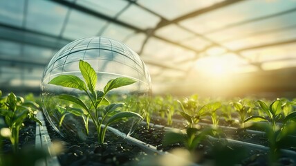 Green environmental inovation concept. Greenhouse dome in the middle of a desert landscape filled with vibrant plants, agricultural innovation, sustainability