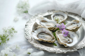 Plate of fresh oysters served on ice, garnished with edible flowers and lemon, capturing the elegance of fine dining