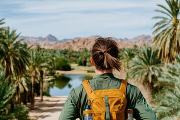 Fototapeta premium Desert Oasis Run, Hydration Pack, GPS watch accompany a runner on a scenic trail