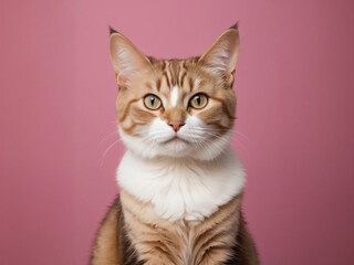 A cat sits against a plain background