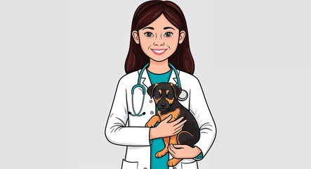 Hand drawing clipart of a girl veterinarian holding a puppy and wearing a stethoscope on plain white background