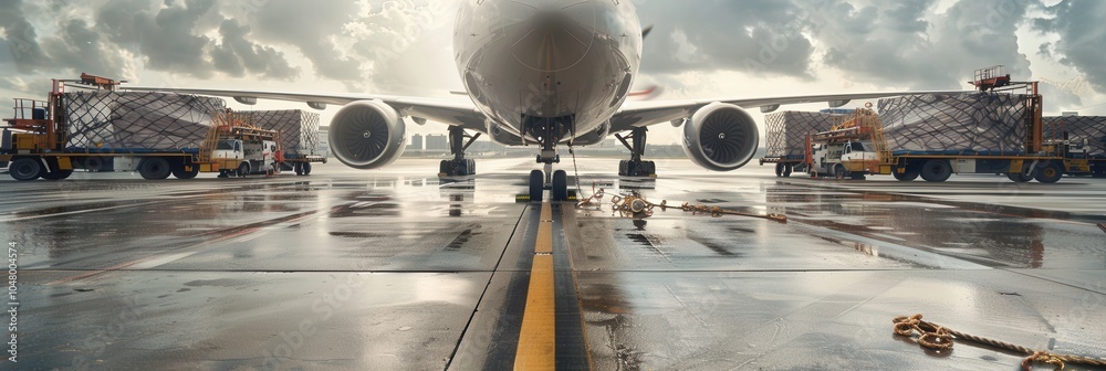 Leinwandbilder a cargo airplane stands on the runway ready for loading, surrounded by equipment for unloading freig