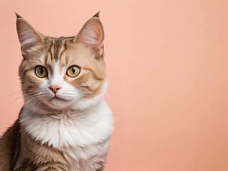 A cat sits against a plain background