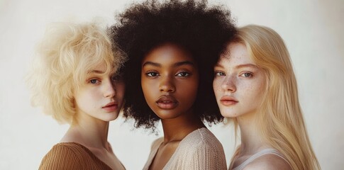 Fototapeta premium Three beautiful models wearing luxury beige and gold necklaces, posing in front of the camera against an off-white background
