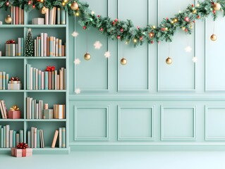 Cozy Christmas-Decorated Bookshelf in Nursery with Festive Garland and Warm Lighting
