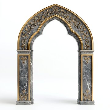 recommend clip art: luxury tall grey arch marble frame with gold intricate carving and line on white background 