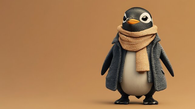 Trendy penguin in a little jacket and scarf posing like an influencer 3d render
