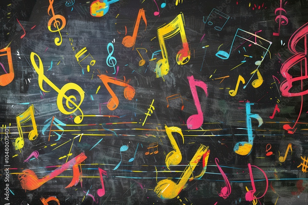 Poster a vibrant chalkboard features colorful brushstrokes intertwined with musical notes, adding artistic 