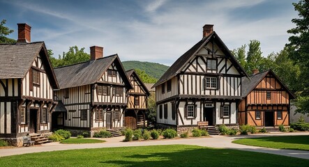 Obraz premium Historic village with timber frame houses and barns