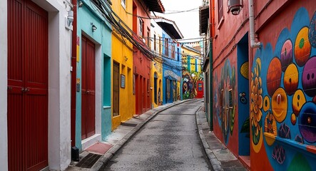 Naklejka premium Narrow alley lined with colorful murals and local art