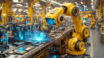 Industrial Automation: A close-up of a robotic arm welding a circuit board on an assembly line, sparks fly as the robot works with precision.
