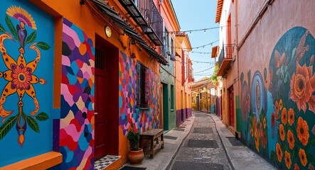 Naklejka premium Narrow alley lined with colorful murals and local art