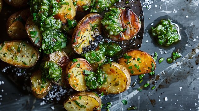 With a gray backdrop gliding potatoes topped with a green salsa