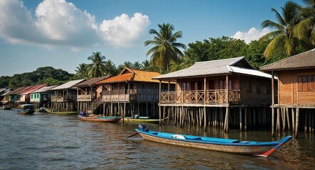 Fototapeta premium Riverside village with stilted homes and boats