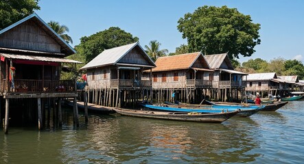 Obraz premium Riverside village with stilted homes and boats