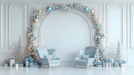 Luxury Christmas Living Room with Elegant Blue and Silver