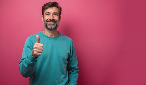 Cheerful mature man with thumbs up gesture against pink background with copy space