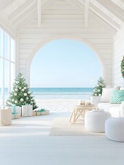 Cozy Coastal-Style Living Room Decorated for Christmas Holidays