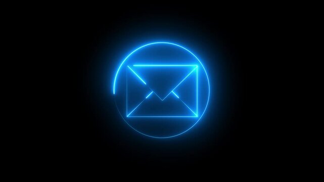glowing neon message box icon animation video notification receive massage animation sign symbol on black background, blue color neon message concept