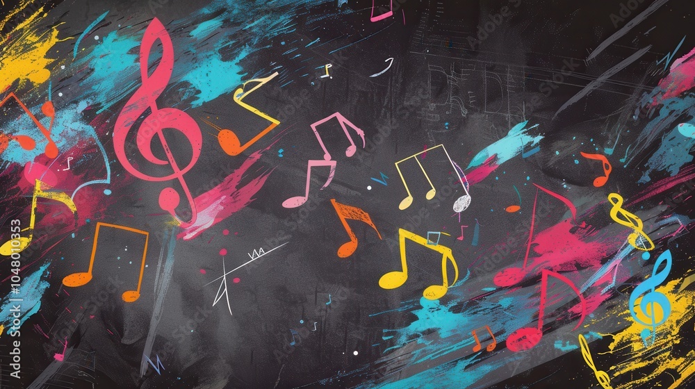 Poster the chalkboard features a lively mix of colorful brushstrokes and musical notes, creating an energet