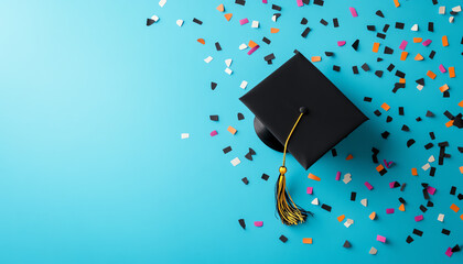 A graduation cap on a vibrant blue background, surrounded by colorful confetti. Perfect for celebrating educational achievements.