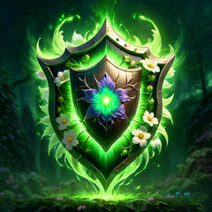 Fototapeta premium A glowing green shield with a floral design, surrounded by leaves and flowers. The shield is made of wood and metal, with a central flower that emits a green light.