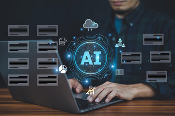 Businessman using AI software to automate repetitive tasks, allowing more focus on innovation and...