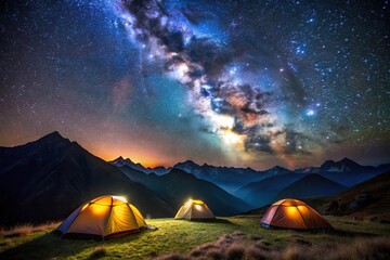 Tents in the mountains at night with Milky Way in the sky, low angle view.