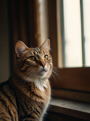 A cat sits against a plain background