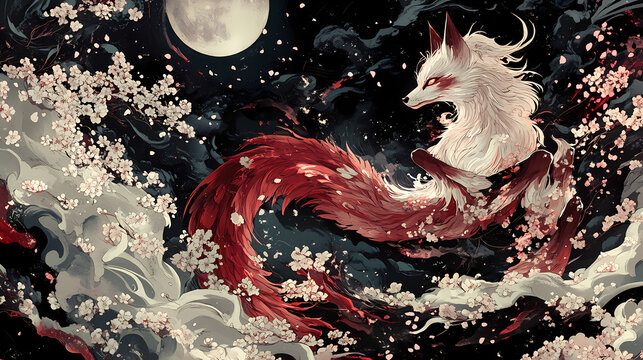 A japanese kitsune shapeshifter transforming from human to fox form amidst a flurry of cherry blossoms and moonlight. Shape-shifting Kitsune. Illustration