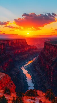 A breathtaking sunset over a majestic canyon, showcasing vibrant hues of orange, purple, and blue reflecting on the river below, creating a serene and picturesque landscape.