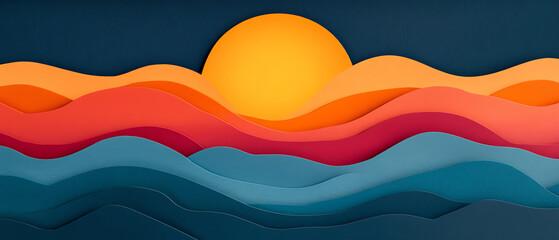 A vibrant, layered paper cut design of waves and a sun, showcasing warm and cool colors, ideal for modern digital art or graphic projects.