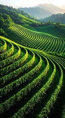 A stunning aerial view of lush green terraced fields, showcasing vibrant patterns and lines that weave through the hillside, illuminated by soft morning light.