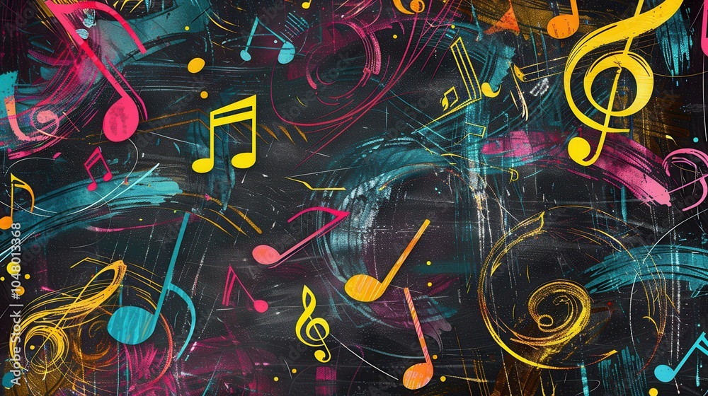 Aufkleber Colorful brushstrokes blend with musical notes on a chalkboard, creating an imaginative representation of art and music. Generative AI