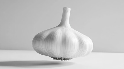 A single head of garlic, light gray and smooth, is centered.