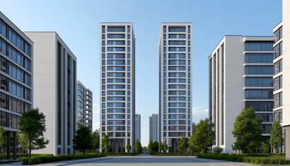 Modern high-rise buildings with sleek designs surrounded by greenery and a clear blue sky. An architectural marvel showcasing urban development and contemporary living.