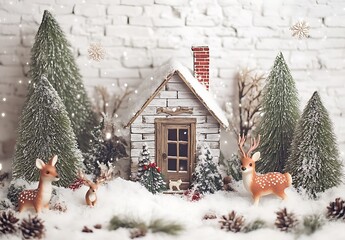 Naklejka premium An adorable Christmas backdrop with a small wooden house, white brick wall, pine trees, and snowflakes