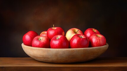 Fresh red apples in a rustic wooden bowl