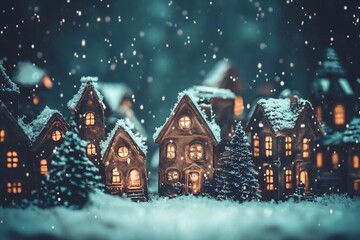 Fototapeta premium Snow-Covered Village with Twinkling Lights