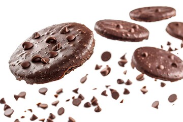 Fototapeta premium Chocolate cookies falling on white background