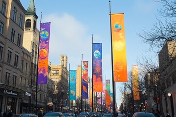 Vibrant Street with Colorful Banners Displayed