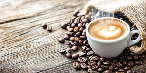 A steaming cup of coffee, surrounded by scattered coffee beans on an old wooden table, with a burlap sack filled with more coffee beans in the background.