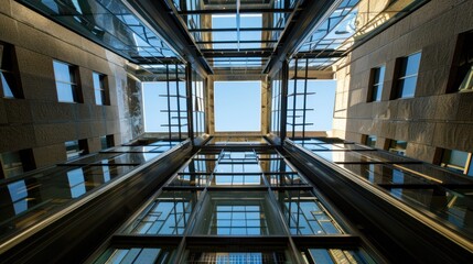 Fototapeta premium A View of the Sky Through a Glass and Metal Atrium