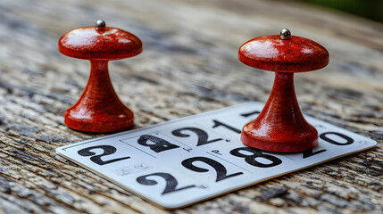 Red Wooden Mushroom Toppers on Numbered Card - Photo