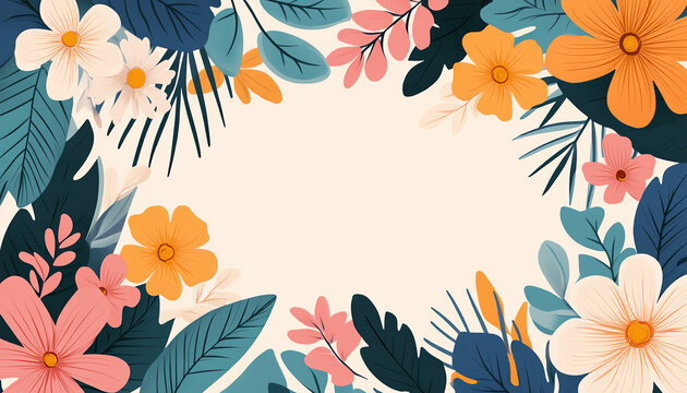 A vibrant floral border featuring various colorful flowers and greenery, perfect for invitations and artistic backgrounds.