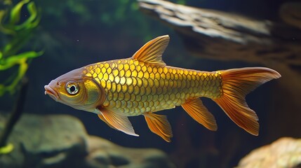 A stunning illustration of a golden fish, showcasing its vibrant scales that shimmer in the light. This aquatic creature is depicted gracefully swimming through a serene underwater environment, 