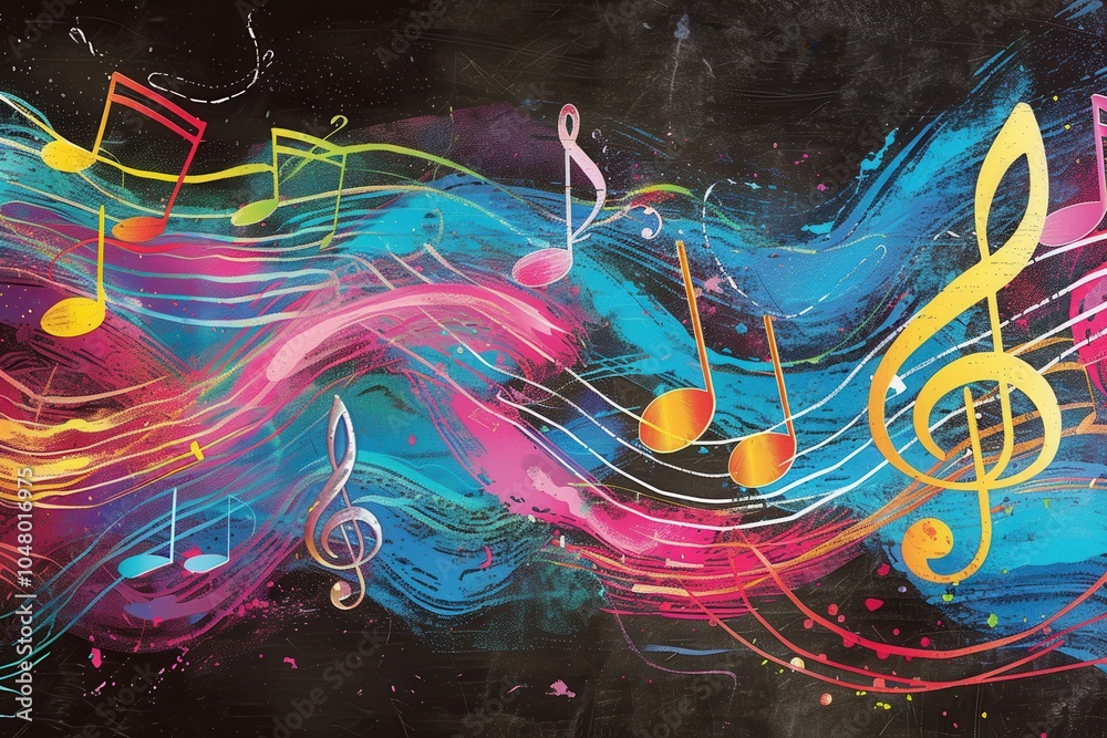 Fototapete a chalkboard displays a dynamic composition of colorful brushstrokes combined with musical notes, ev